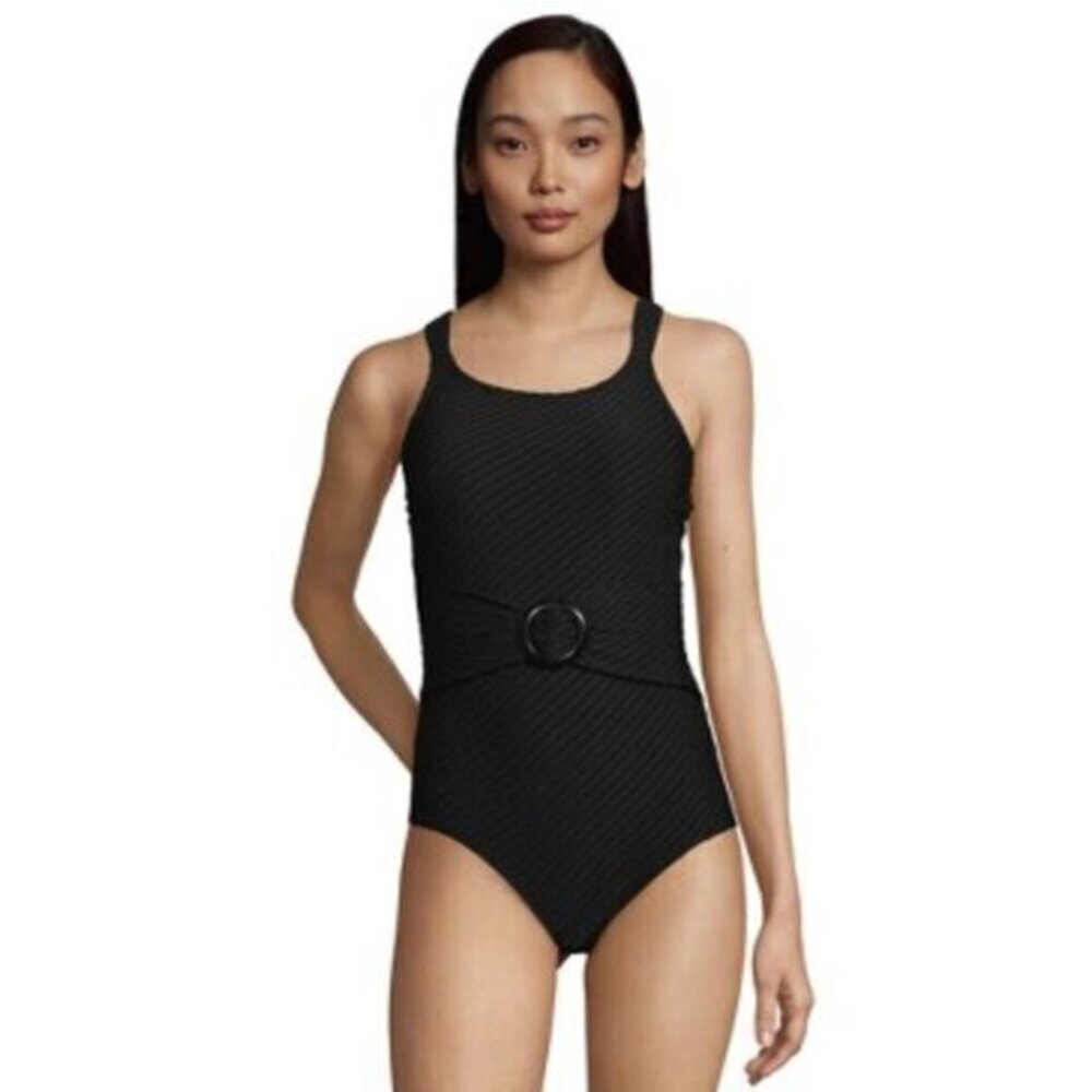 Lands' End NWT Textured Scoop Neck Belted One Piece Swimsuit in Black Size 1X